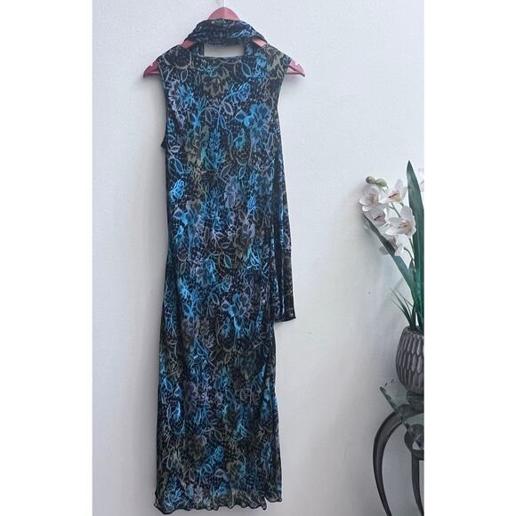 Vtg Majick Y2K 90s Floral Beaded Fairy Maxi Dress Scarf Black Blue Boho Womens M - Picture 2 of 6